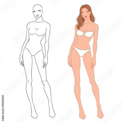 Eight-head fashion figure template. The female fashion croquis. Vector illustration of a young woman wearing lingerie, isolated on a white background. 