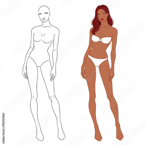 Eight-head fashion figure template. The female fashion croquis. Vector illustration of a young woman wearing lingerie, isolated on a white background. 