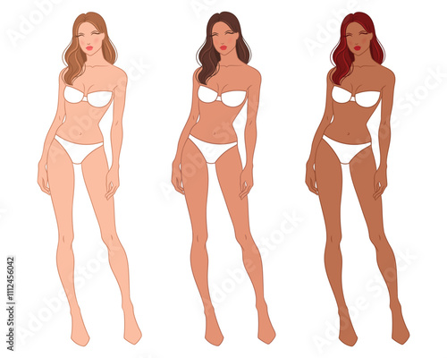 Eight-head fashion figure template. The female fashion croquis. Vector illustration of a young woman wearing lingerie, isolated on a white background. 