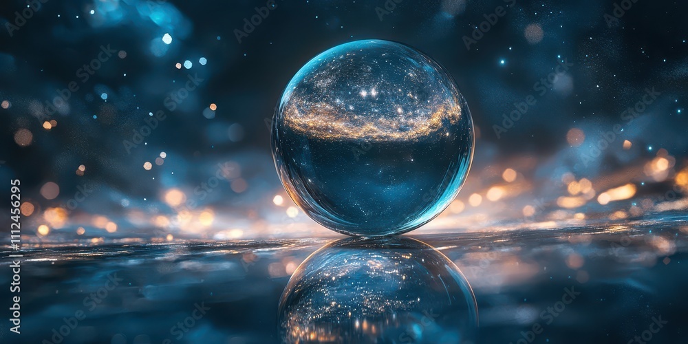 A reflective glass orb floating against a dark celestial backdrop, surrounded by glowing constellations. A reflective glass orb floating against a dark celestial backdrop, surrounded by glowing constellations.