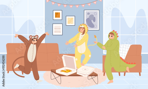 Pajama party at home. Young adults wearing animal pajamas, amigurumi costumes. Pizza friends night, happy teenagers alone at house vector scene