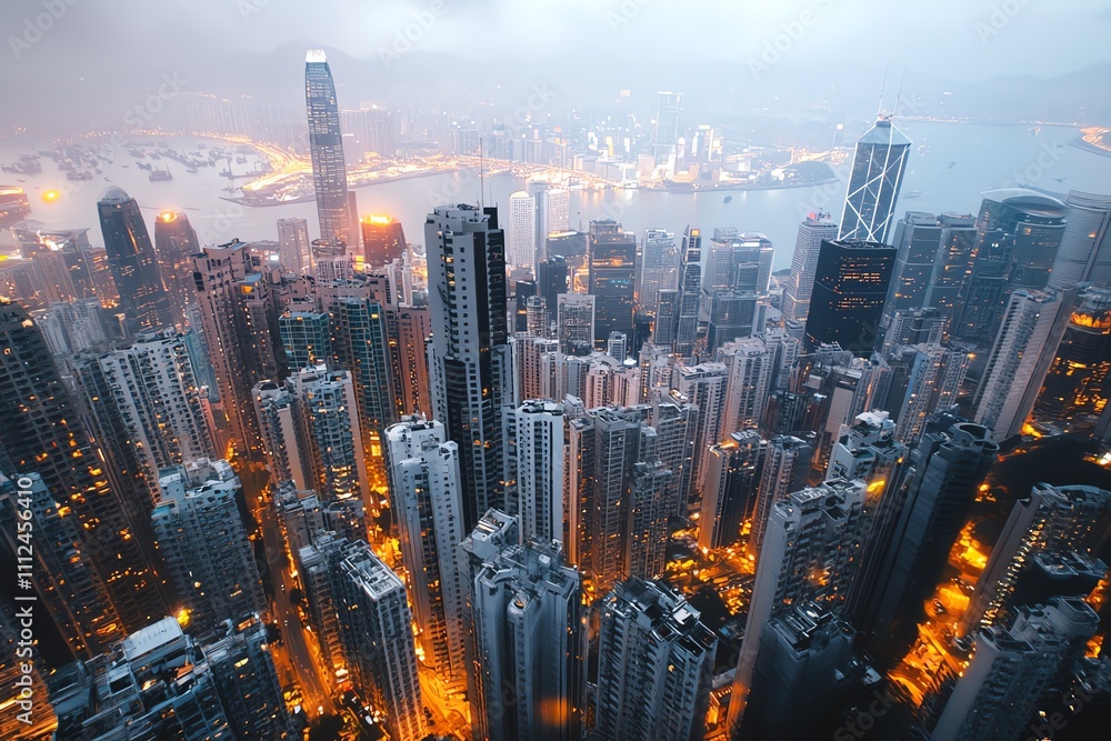 Stunning aerial view of Hong Kong's vibrant skyline at dawn. Dense skyscrapers, harbor lights, and misty atmosphere create a dramatic cityscape. Stunning aerial view of Hong Kong's vibrant skyline at dawn. Dense skyscrapers, harbor lights, and misty atmosphere create a dramatic cityscape.