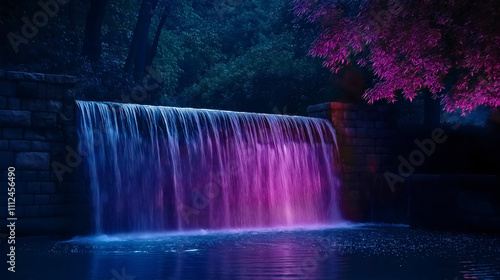 Majestic illuminated waterfall at night with glowing blue and purple lights, a serene and dramatic natural landmark perfect for scenic photography and travel attraction