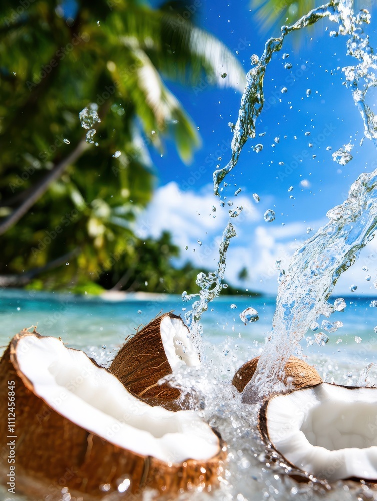 An idyllic tropical scene where fresh coconut halves splash in crystal-clear water with vibrant palm trees and a bright blue sky in the backdrop, capturing pure summer vibes.