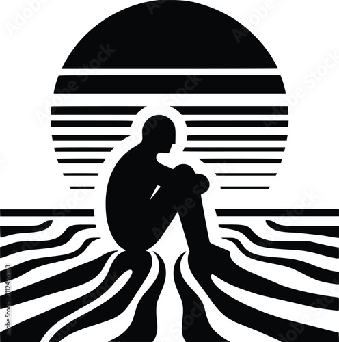Black and White Illustration of Apathy Represented by Flat Horizons