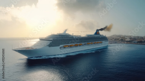 Luxurious cruise ship sailing at sunset near coastal city
