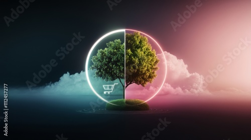 A surreal 3D pie chart where roads, skies, and seas form the segments, proportionally sized, with a glowing shopping cart icon sprouting like a tree at the center, Surrealism, Radiant hues, photo