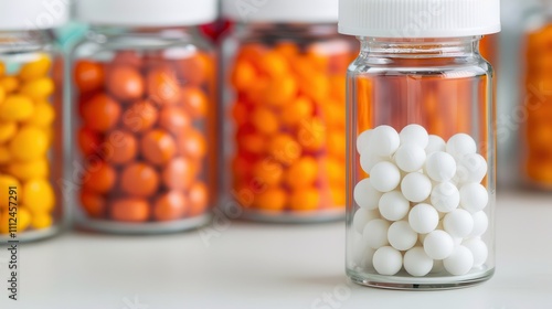 Material science studies compounds. White beads in a glass jar with colorful ones b...