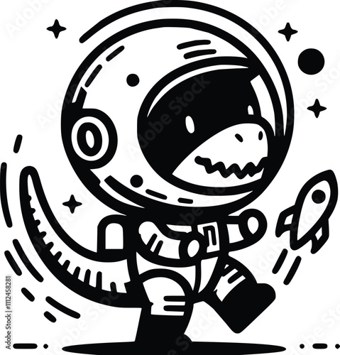 Black and White Illustration of an Astronaut Allosaurus