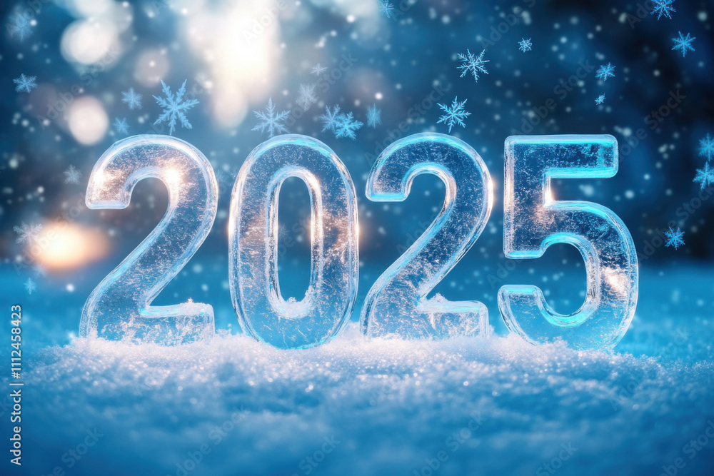 The numbers 2025 made of ice stand on the snow on a winter evening The numbers 2025 made of ice stand on the snow on a winter evening