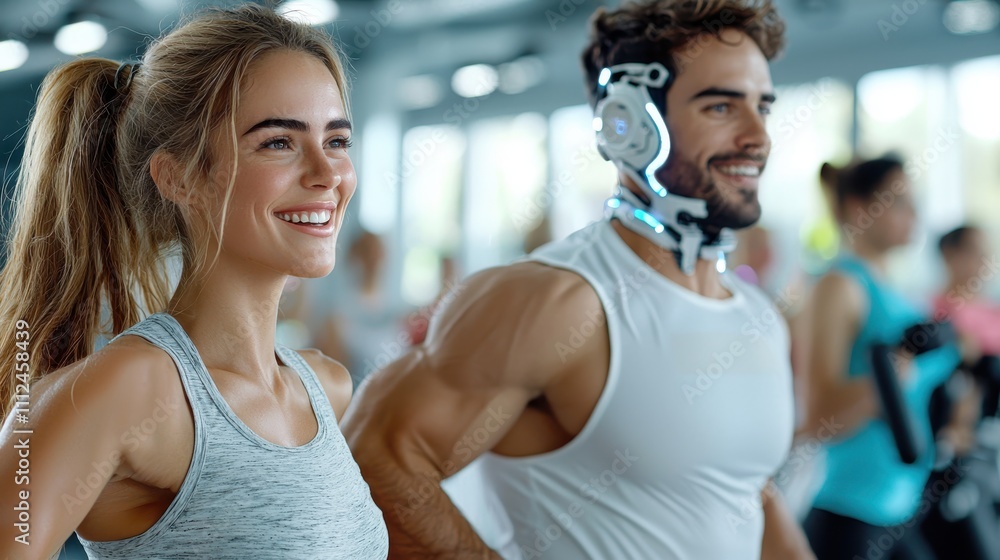 A woman and man exercise in a gym with advanced technological equipment, demonstrating fitness, modern lifestyle, and shared motivation in a dynamic environment. A woman and man exercise in a gym with advanced technological equipment, demonstrating fitness, modern lifestyle, and shared motivation in a dynamic environment.