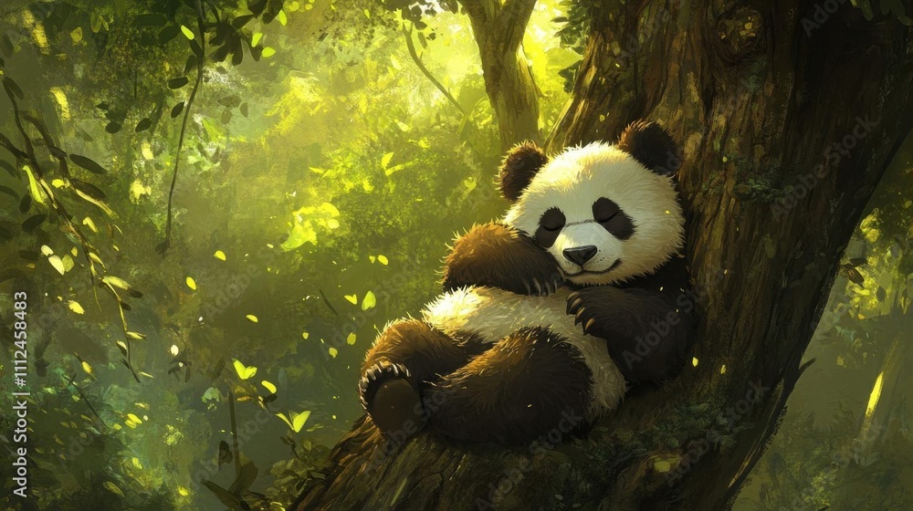 A cute panda resting on a tree in a lush, vibrant forest. A cute panda resting on a tree in a lush, vibrant forest.