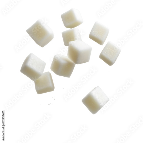 Falling sugar cubes and splash, sweet ingredient for dessert and drink, flying pieces with white background and soft design, isolated