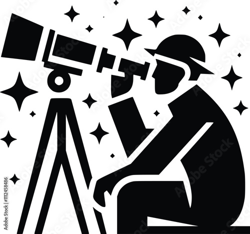 Black and White Illustration of an Astronomer Observing the Stars