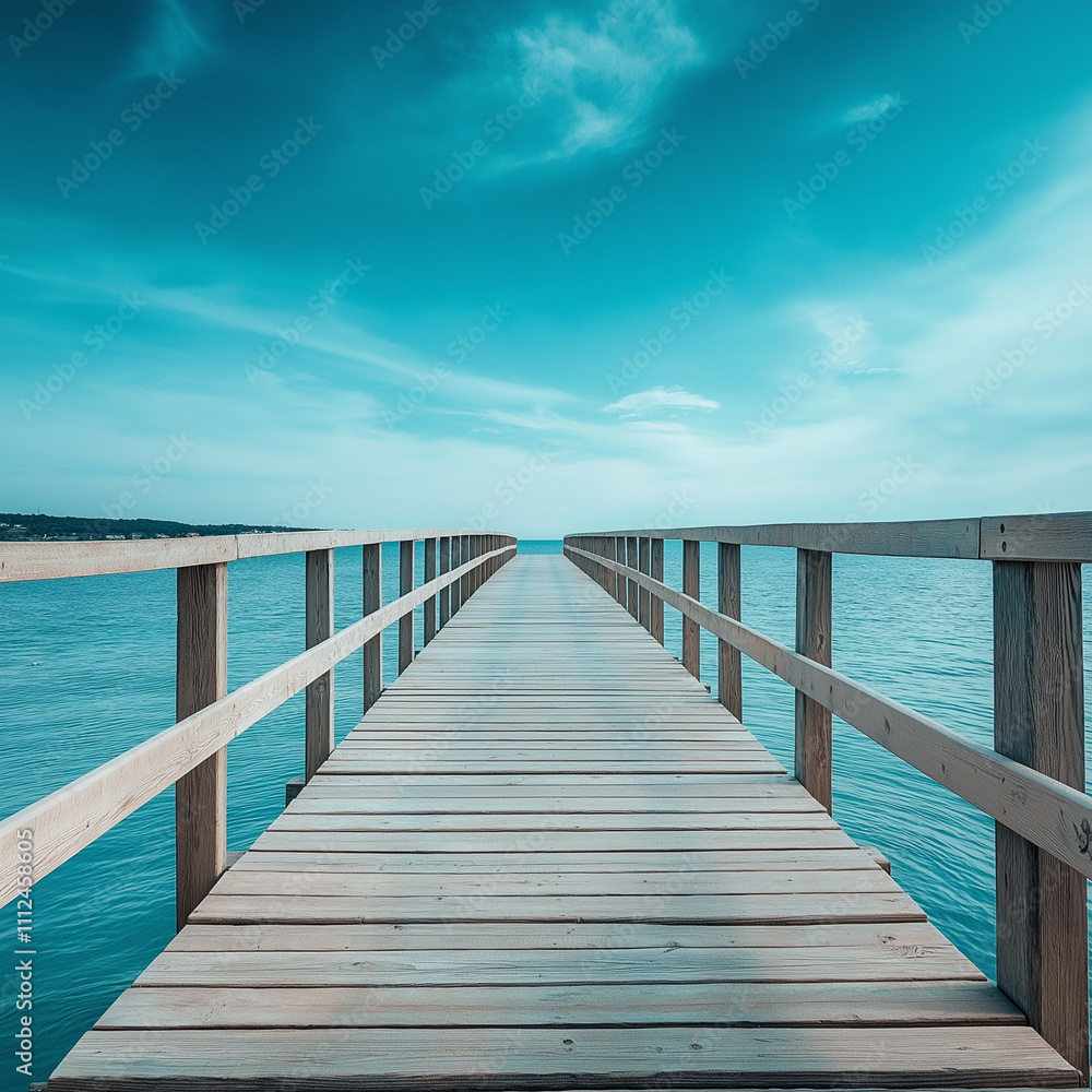 serene wooden pier extends over calm blue waters, inviting tranquility and reflection. clear sky enhances peaceful atmosphere, perfect for relaxation serene wooden pier extends over calm blue waters, inviting tranquility and reflection. clear sky enhances peaceful atmosphere, perfect for relaxation