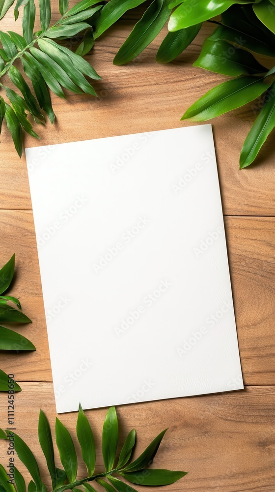 A plain white sheet is beautifully surrounded by verdant leaves on a wooden backdrop, representing simplicity, nature, and fresh beginnings in a tranquil setting. A plain white sheet is beautifully surrounded by verdant leaves on a wooden backdrop, representing simplicity, nature, and fresh beginnings in a tranquil setting.