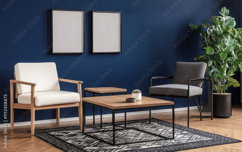 A modern Scandinavian living room with a dark blue wall and two empty black frame mockups, showcasing a wooden coffee table, a white armchair, black metal side tables A modern Scandinavian living room with a dark blue wall and two empty black frame mockups, showcasing a wooden coffee table, a white armchair, black metal side tables