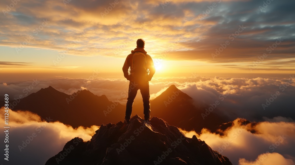 A traveler stands on a mountain peak at sunset, taking in a breathtaking view of the sun setting behind rolling clouds and hills, embodying exploration and awe. A traveler stands on a mountain peak at sunset, taking in a breathtaking view of the sun setting behind rolling clouds and hills, embodying exploration and awe.