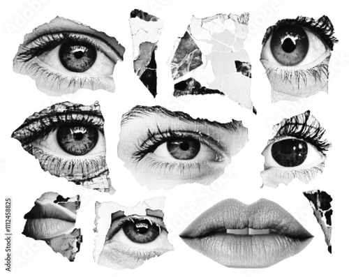 Eyes and Lips: A surreal collage of fragmented female eyes and lips in black and white. The image evokes a sense of mystery and intrigue. Halftone newspaper effect.