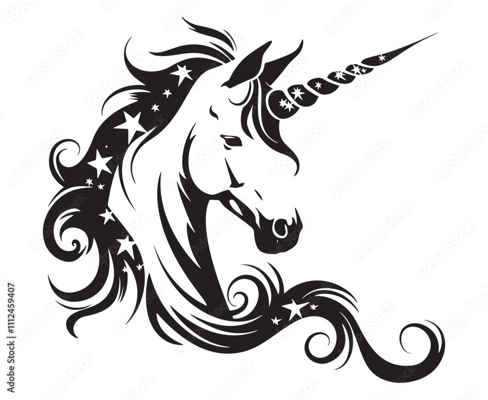 Obraz premium Mystical Unicorn Silhouette with Stars: An enchanting and elegant black and white illustration of a unicorn's head with a swirling mane and a horn adorned with stars, perfect for whimsical designs.