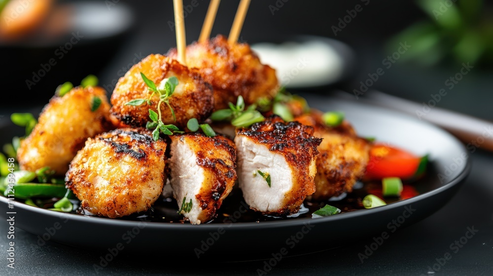 Deliciously crispy chicken pieces skewered and presented on a black plate, garnished with fresh herbs, showcasing a spicy and succulent culinary style. Deliciously crispy chicken pieces skewered and presented on a black plate, garnished with fresh herbs, showcasing a spicy and succulent culinary style.