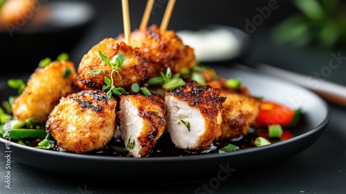 Deliciously crispy chicken pieces skewered and presented on a black plate, garnished with fresh herbs, showcasing a spicy and succulent culinary style.