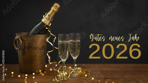 Photography Gutes neues Jahr 2026, Silvester Party Neujahr Feier Grußkarte Postkarte mit deutschem Text - Champagnerflasche oder Sektflasche in Champagnerkübel oder Sektkübel auf Tisch aus Holz
