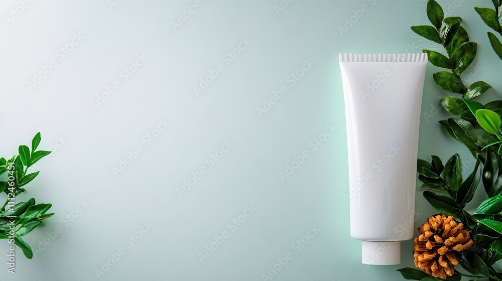 A sleek, minimalistic cream tube is placed next to green leaves and a pinecone, creating a serene and natural setting suggestive of calm and simplicity. A sleek, minimalistic cream tube is placed next to green leaves and a pinecone, creating a serene and natural setting suggestive of calm and simplicity.