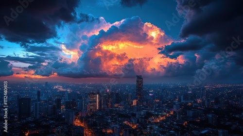 A city skyline is lit up at night with a large orange cloud in the sky