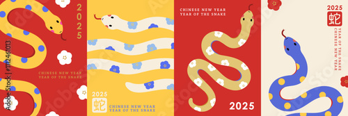 Happy Chinese new year 2025 greeting card with cute snakes.  Animal zodiac cartoon character. Translate: Snake. -Vector