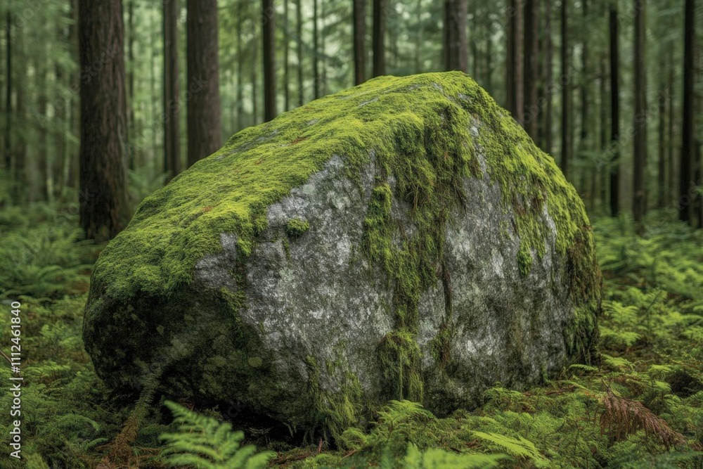 A moss-covered boulder in a lush forest setting. A moss-covered boulder in a lush forest setting.