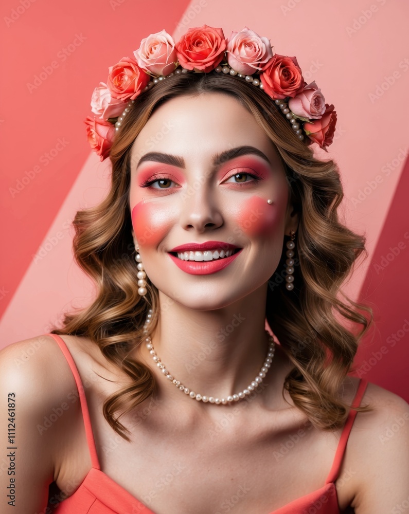 Naklejka premium Cheerful Woman in Pink and Coral with Flower Crown and Bold Makeup