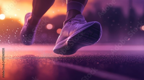 Healthy sports theme: close-up of athletes running on a sports field with a blurred sunset in the background.