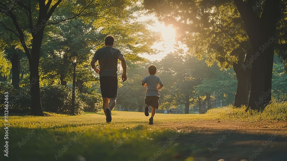 Obraz premium A father and his sons running in the park, captured from behind with their backs to us. They have black jackets on. The photo was taken during golden hour, warm tones of orange and yellow.