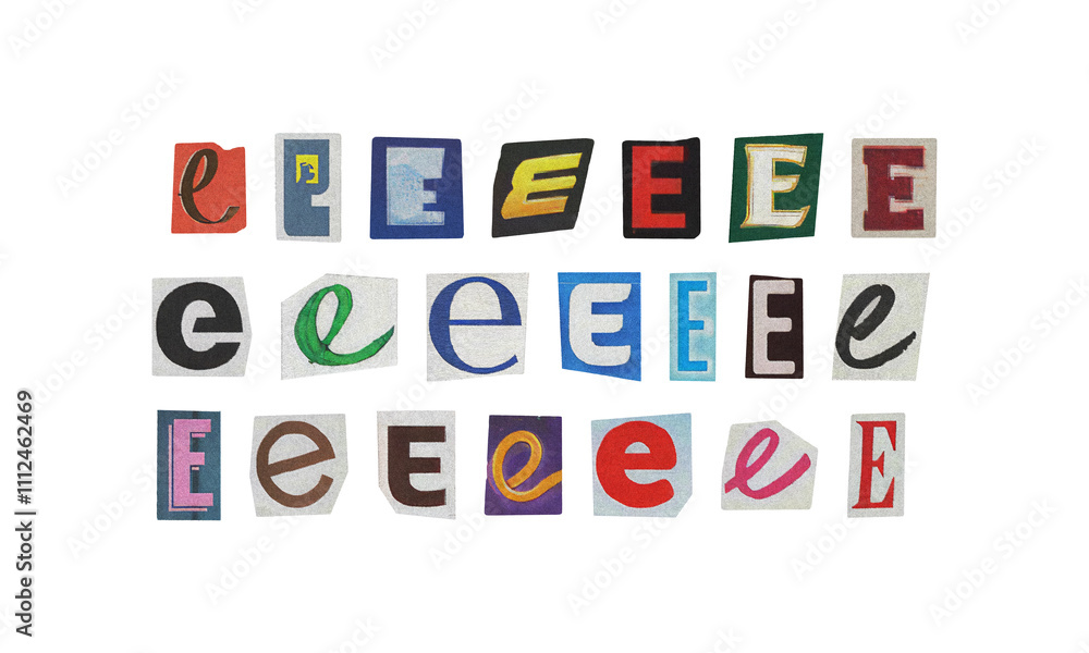 Set of cut-out letter “E” from magazines on a transparent background, retro y2k ransom font style Set of cut-out letter “E” from magazines on a transparent background, retro y2k ransom font style