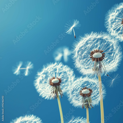 Dandelion flowers with fluffy seeds drifting in blue sky create serene and whimsical atmosphere. delicate details and crisp edges enhance beauty of nature