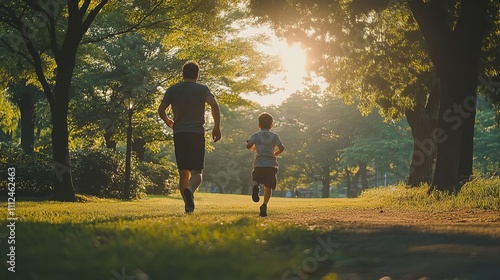 A father and his sons running in the park, captured from behind with their backs to us. They have black jackets on. The photo was taken during golden hour, warm tones of orange and yellow.