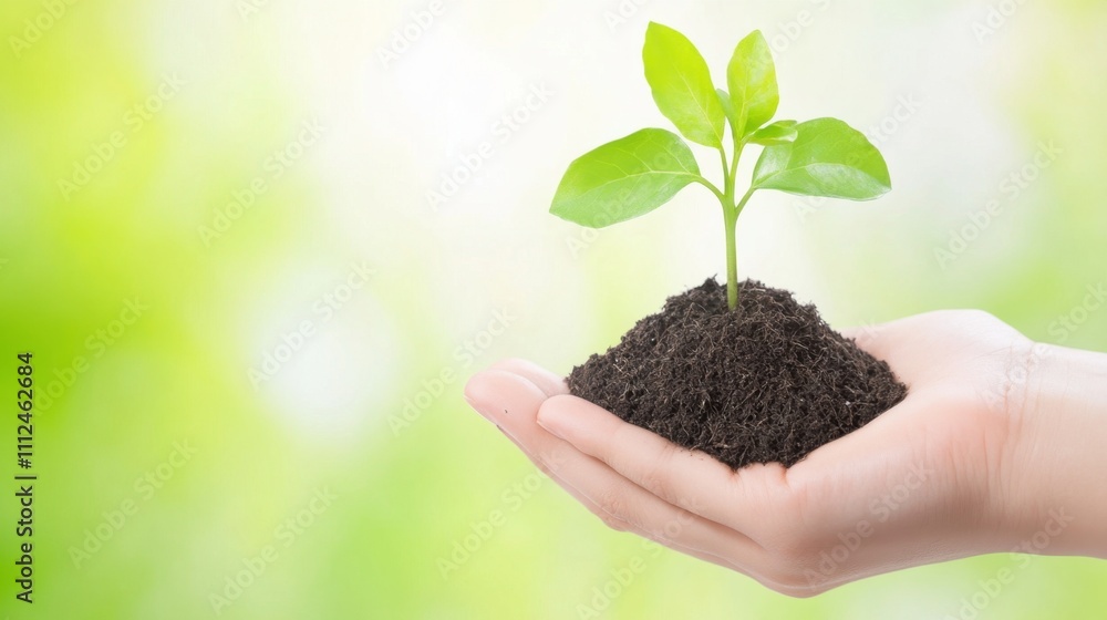 A small green plant is held in a hand, symbolizing growth, care, and the importance of nurturing nature.