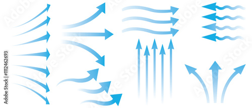 Air flow. Blue arrows showing direction of air movement. Wind direction arrows. Ventilation home fresh, hot or cold from fan or air conditioner wind direction.