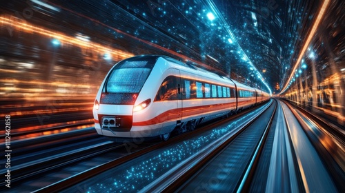 A high-speed train travels through a tunnel with blurred lights and digital elements.