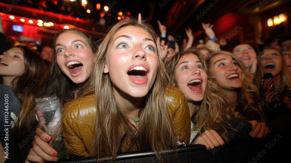 A group of excited fans enjoying a live performance at a concert. A group of excited fans enjoying a live performance at a concert.