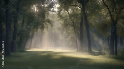 Sunbeams Illuminate Misty Forest Path