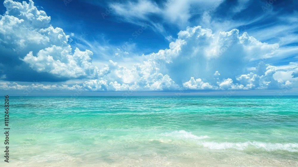 A serene beach scene with turquoise waters and a bright blue sky. A serene beach scene with turquoise waters and a bright blue sky.