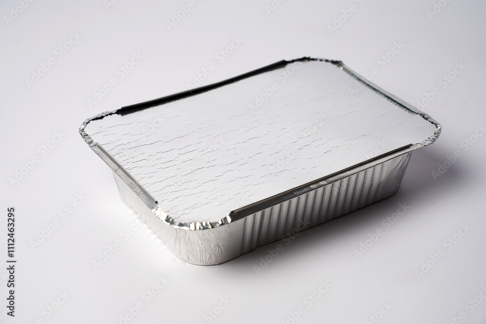 Food delivery. Takeaway food, aluminium lunch box on a white background with copy space, close-up Food delivery. Takeaway food, aluminium lunch box on a white background with copy space, close-up