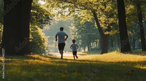 A father and his sons running in the park, captured from behind with their backs to us. They have black jackets on. The photo was taken during golden hour, warm tones of orange and yellow.