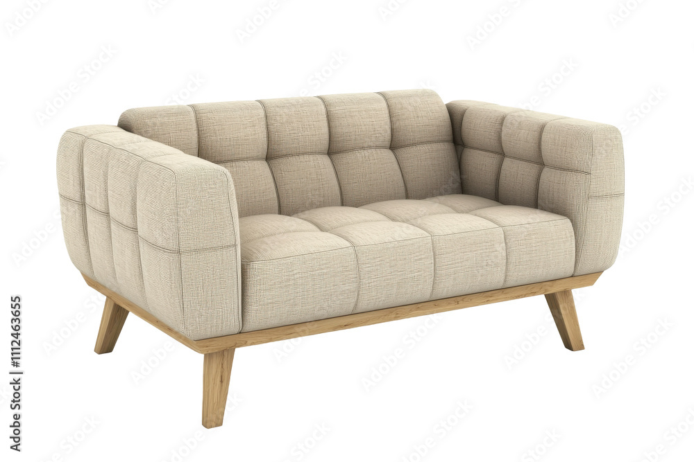 Fototapeta premium Beige Upholstered Loveseat with Wooden Legs Isolated on PNG Transparent Background