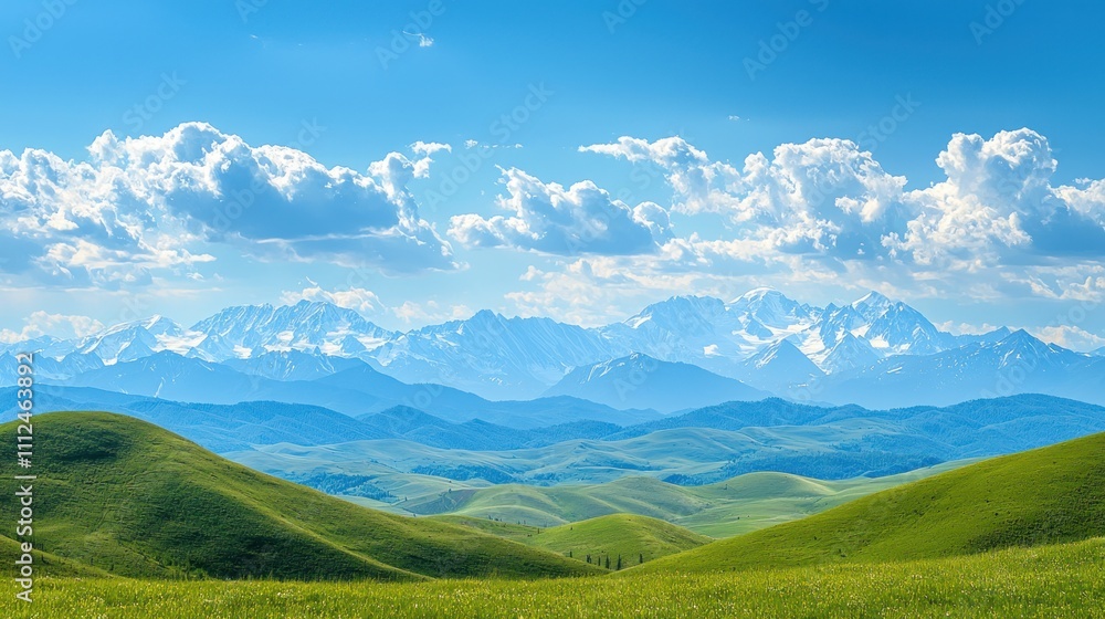 A panoramic view of distant snow-capped mountains under a bright blue sky, with rolling hills in the foreground A panoramic view of distant snow-capped mountains under a bright blue sky, with rolling hills in the foreground