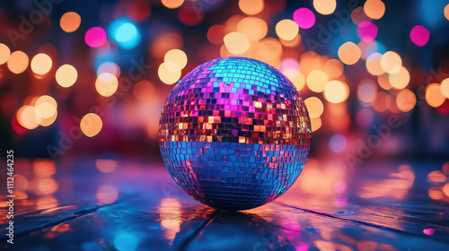 shiny mirror disco ball on blurred party background, night club, new year, blurred bokeh backdrop, glitter, holiday, decoration, copy space, place for text, sphere