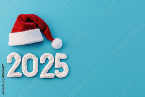 Celebrating the new year 2025 festive santa hat and numbers bright blue background cheerful atmosphere holiday spirit