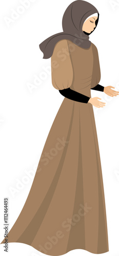 Muslim woman in hijab. A modest Muslim girl stands in a traditional Muslim dress. Muslim women in traditional hijabs. Vector people.